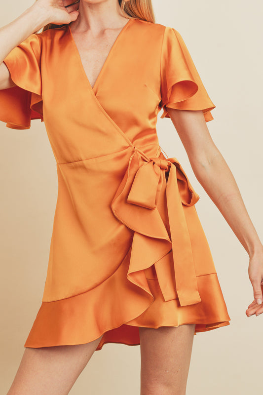 Porter Ruffle Satin Wrap Dress in Orange