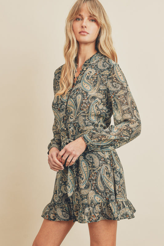 Evans Tie Paisley Dress in Green/Teal