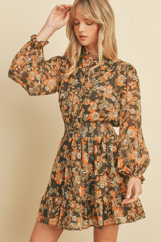 Quinn Cinched Floral Dress in Olive/Orange