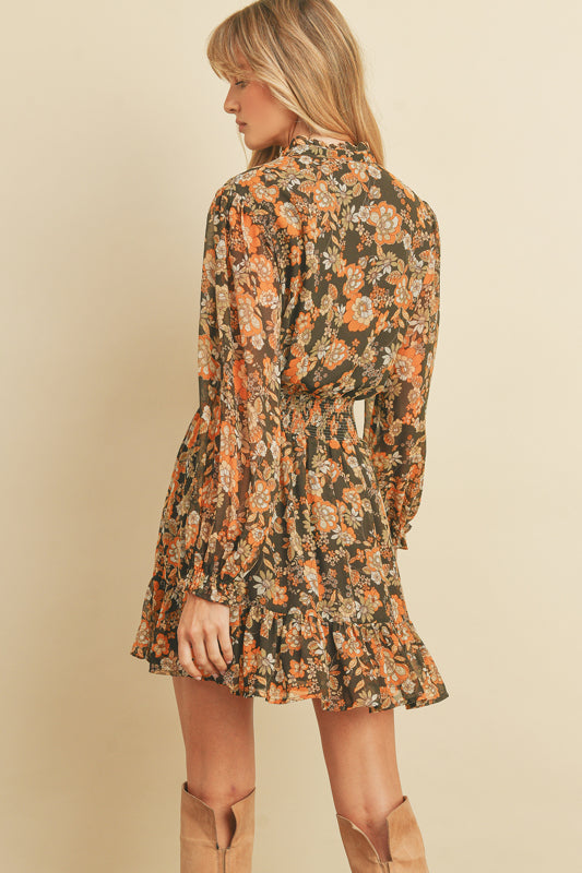 Quinn Cinched Floral Dress in Olive/Orange