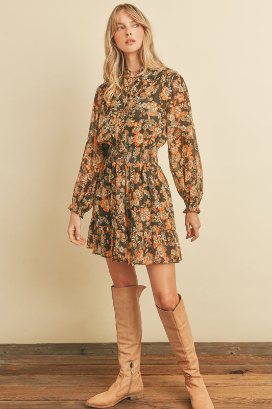 Quinn Cinched Floral Dress in Olive/Orange