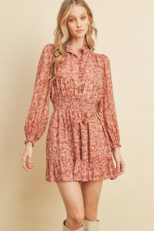 Auggie Cinched Paisley Dress in Mauve
