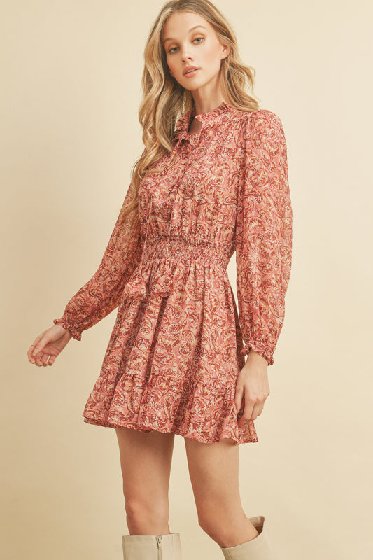 Auggie Cinched Paisley Dress in Mauve