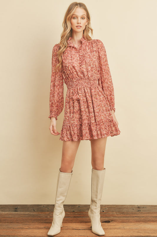 Auggie Cinched Paisley Dress in Mauve