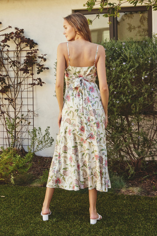 Khloe Floral Tie Back Satin Midi Dress