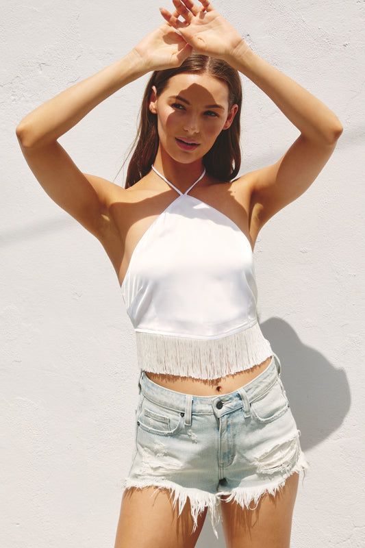 Garner Fringe Halter Top in White