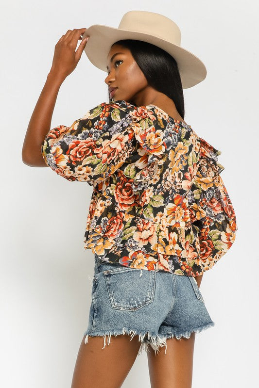 Eloise Ruffle Floral Top in Black/Orange