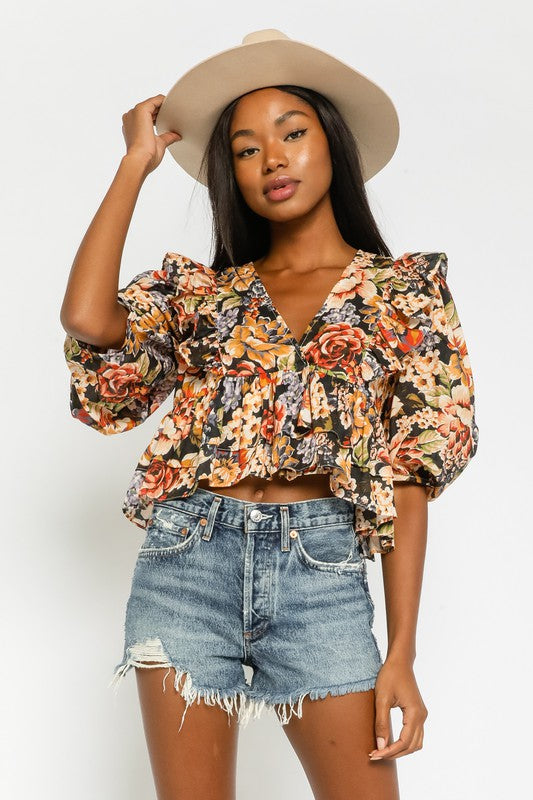 Eloise Ruffle Floral Top in Black/Orange