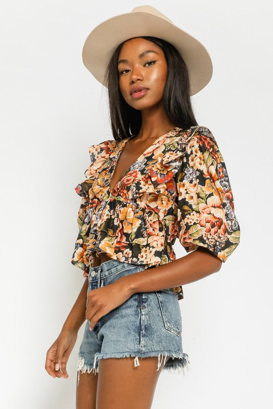 Eloise Ruffle Floral Top in Black/Orange