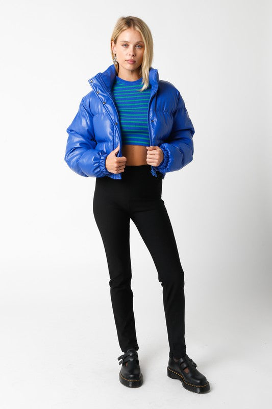 Bleecker Faux Leather Puffer Jacket in Royal Blue