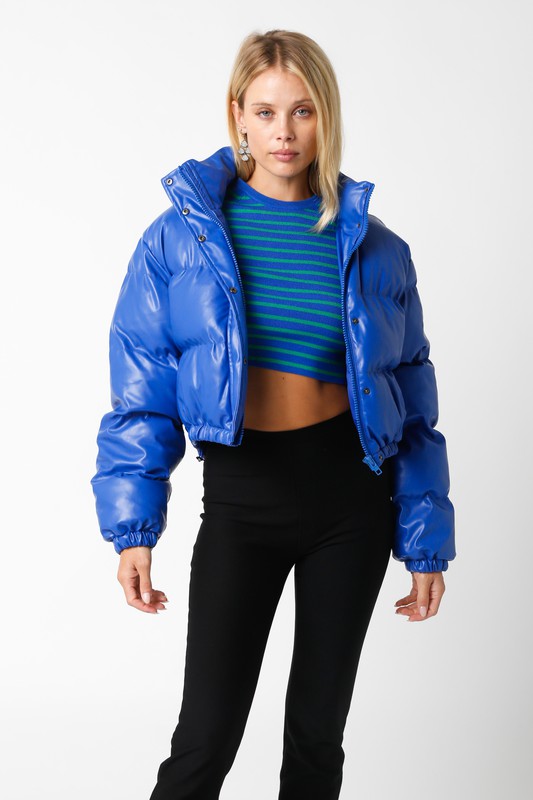 Bleecker Faux Leather Puffer Jacket in Royal Blue