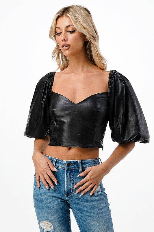 Amerie Puff Sleeve Faux Leather Top