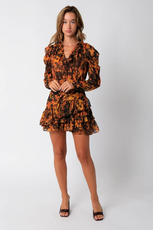Stratford Floral Ruffle Dress in Orange/Black