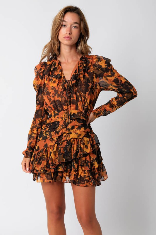 Stratford Floral Ruffle Dress in Orange/Black