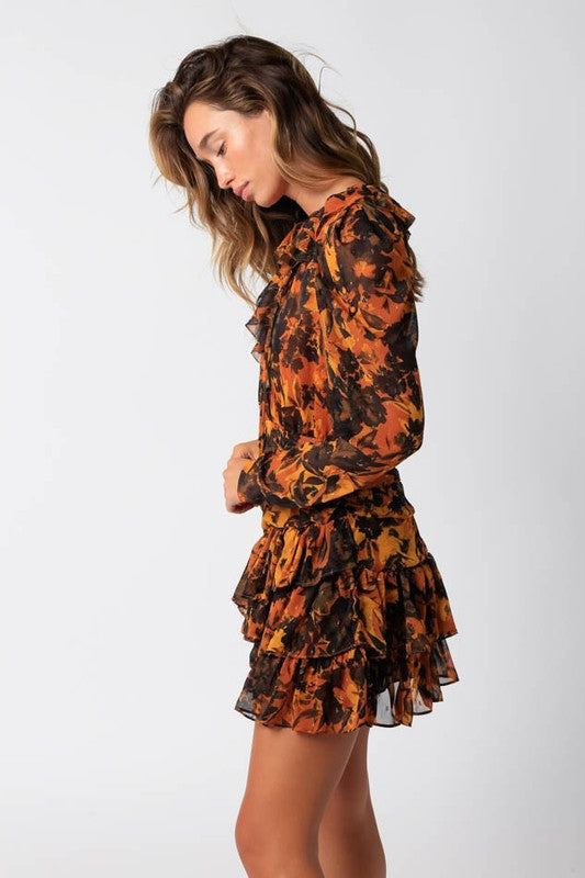 Stratford Floral Ruffle Dress in Orange/Black