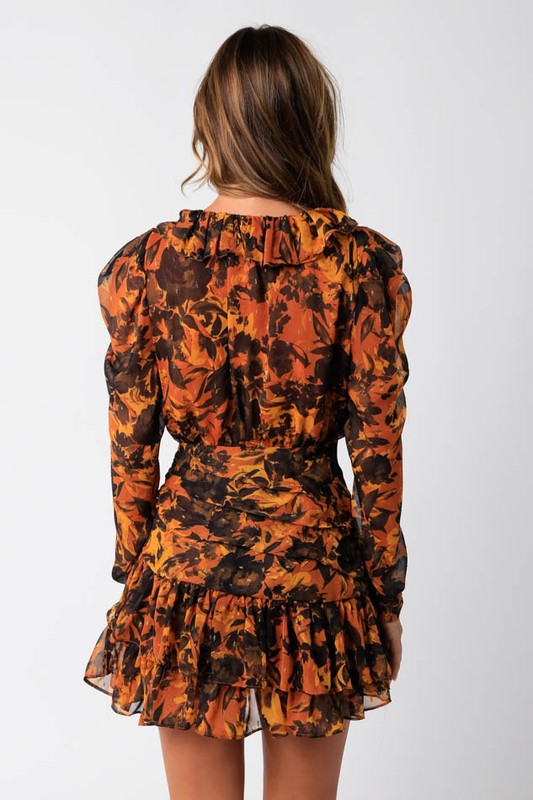 Stratford Floral Ruffle Dress in Orange/Black