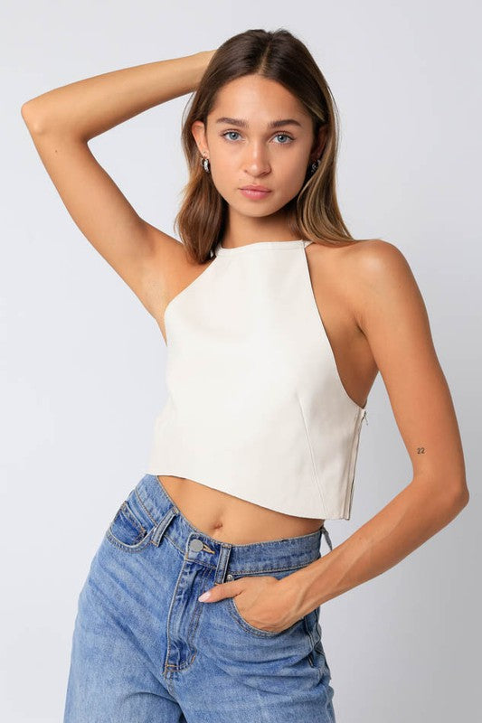 Campbell Highneck Faux Leather Top in Ecru