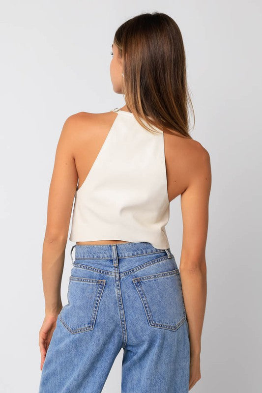 Campbell Highneck Faux Leather Top in Ecru