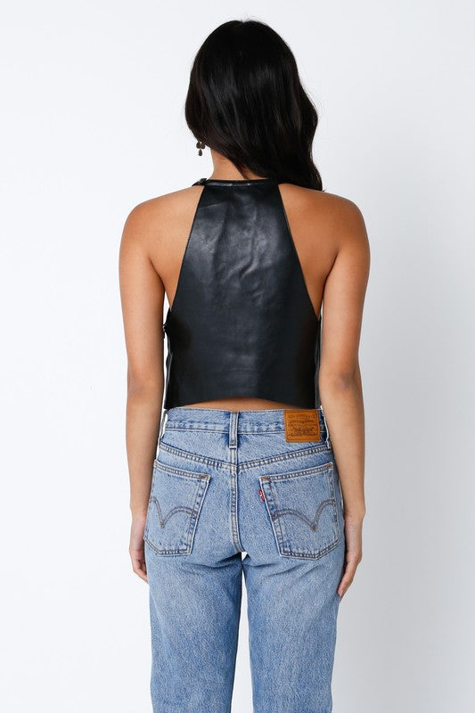 Campbell Highneck Faux Leather Top in Black