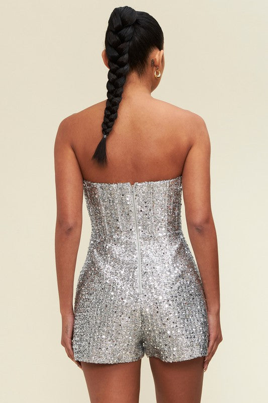 Zennie Sequin Strapless Romper in Silver