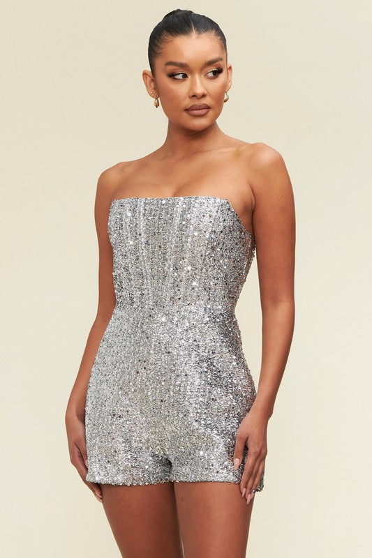 Zennie Sequin Strapless Romper in Silver
