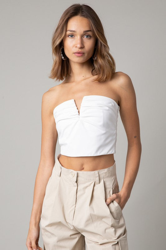 Lenoir Strapless V Faux Leather Top in White