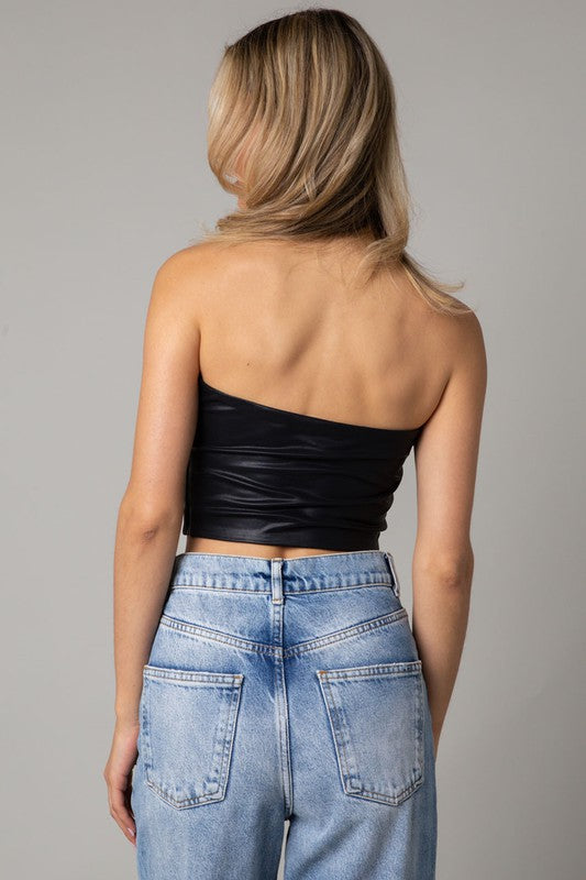Lenoir Strapless V Faux Leather Top in Black