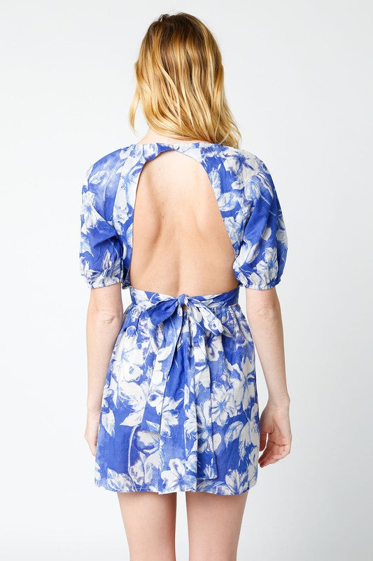 Ellise Floral Dress in Blue/White