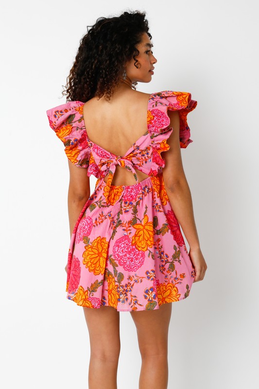 Cecilia Floral Tie Back Ruffle Dress in Pink/Orange