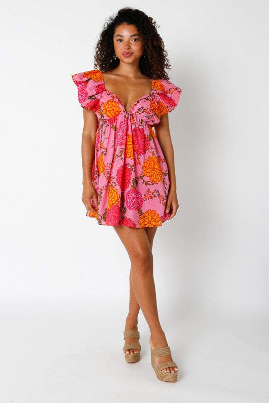 Cecilia Floral Tie Back Ruffle Dress in Pink/Orange