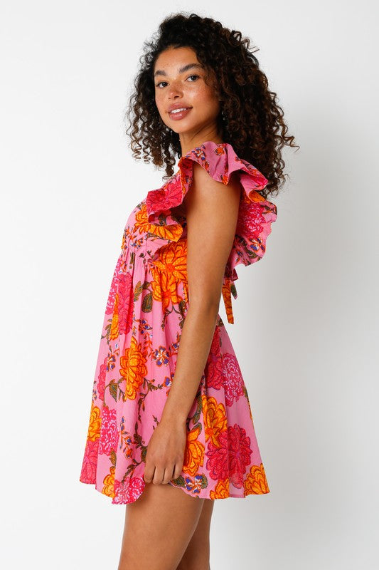 Cecilia Floral Tie Back Ruffle Dress in Pink/Orange