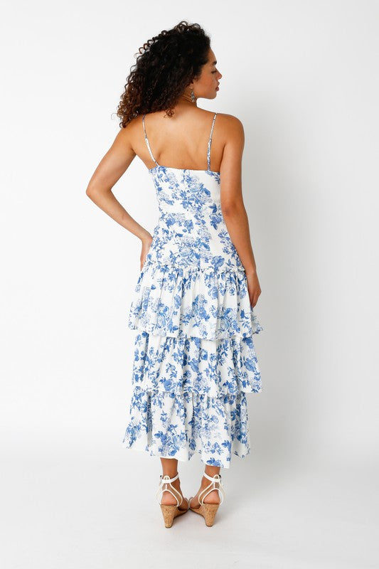 Raleigh Tiered Ruffle Midi Dress in Blue/White