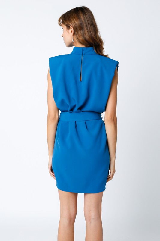 Arden Padded Shoulder Tie Dress in Blue