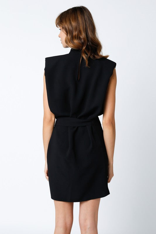 Arden Padded Shoulder Tie Dress in Black