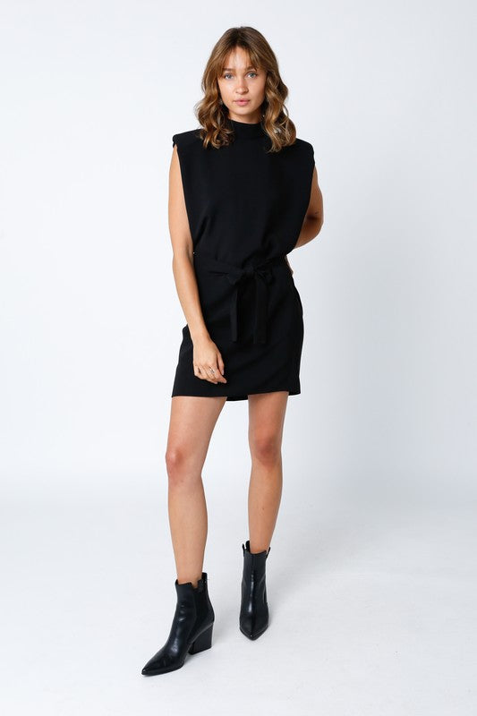 Arden Padded Shoulder Tie Dress in Black