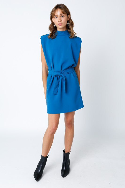 Arden Padded Shoulder Tie Dress in Blue