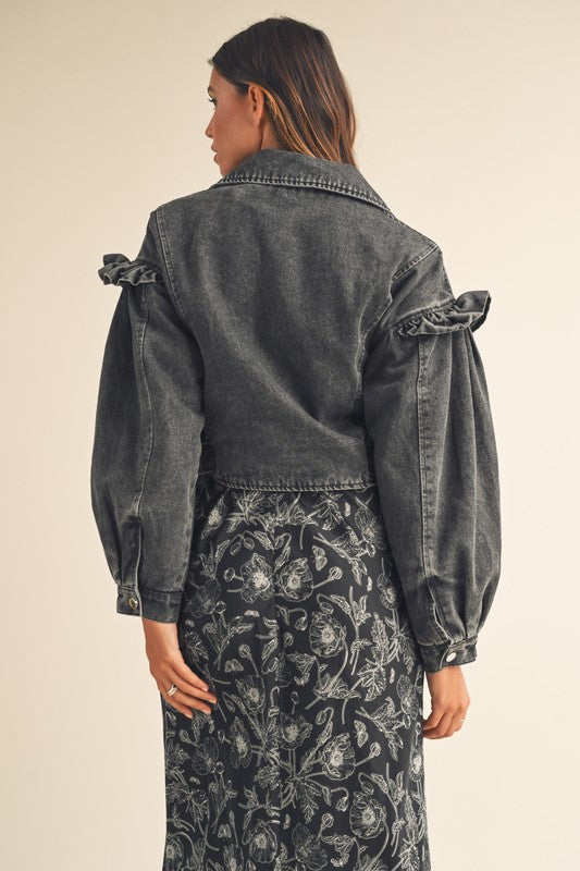 Josephina Ruffle Moto Jacket in Black Denim