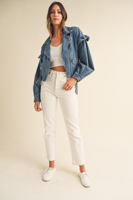 Josephina Ruffle Moto Jacket in Blue Denim