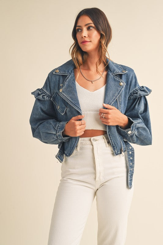 Josephina Ruffle Moto Jacket in Blue Denim