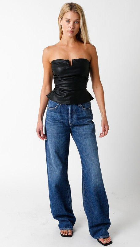 Jettie Strapless Faux Leather Top in Black