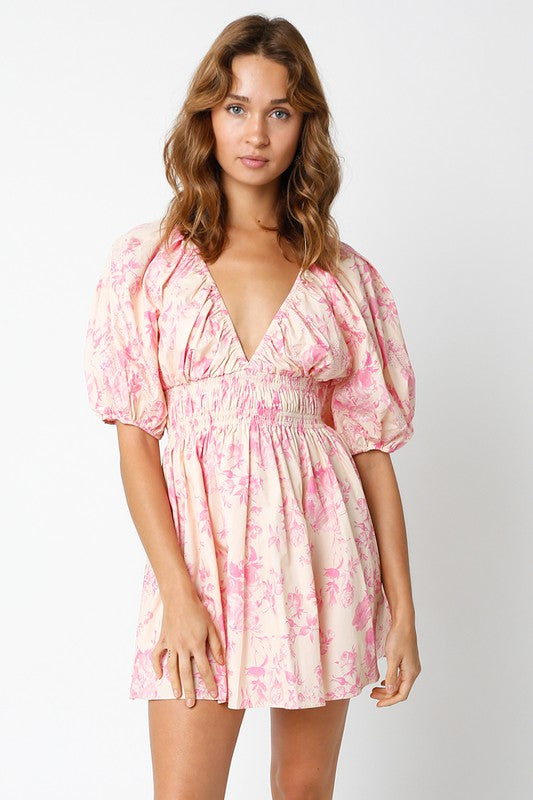 Remington Floral Puff Sleeve Dress in Blush/Beige