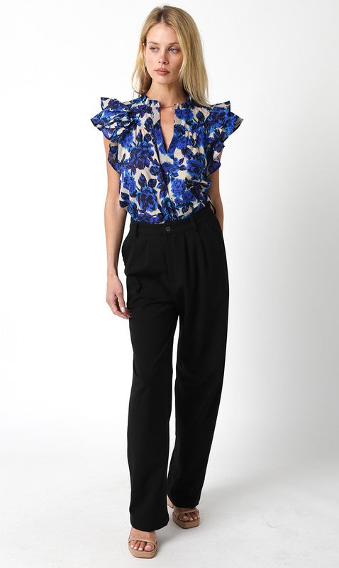 Hollen Floral Ruffle Top in Blue/Beige