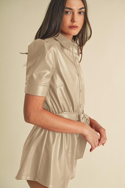 Merrick Faux Leather Romper in Ecru