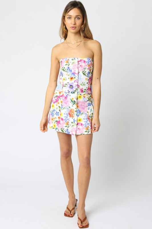 Rosmie Strapless Floral Denim Dress