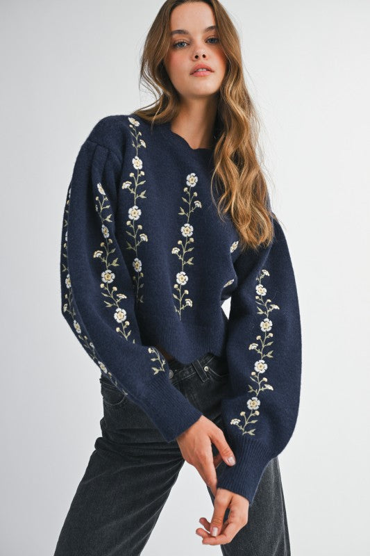 Arden Floral Embroidered Sweater in Navy