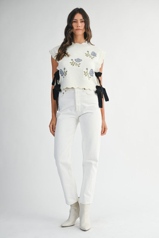 Lollie Floral Side Tie Sweater in Cream