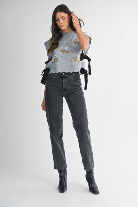 Lollie Floral Side Tie Sweater in Grey