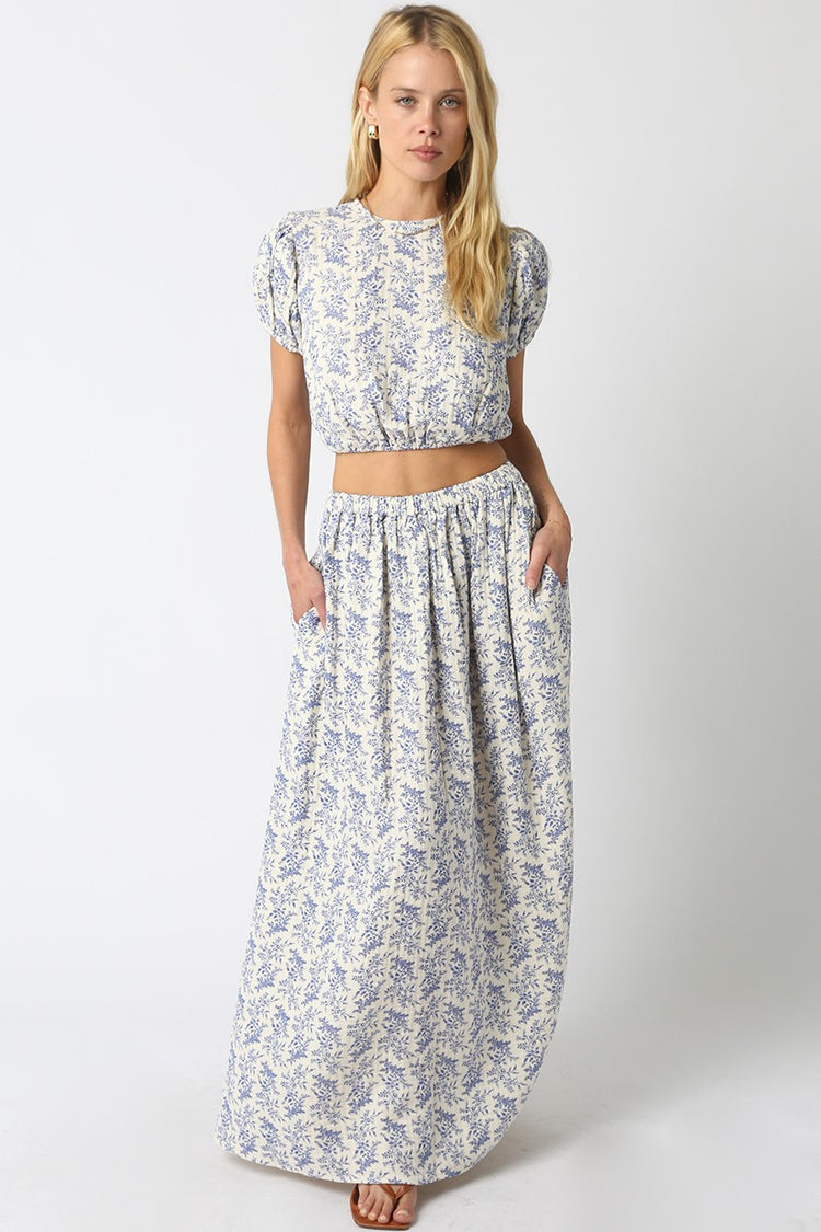 Dewy Floral Maxi Skirt in Blue