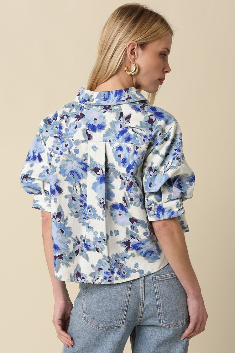 Dylan Floral Denim Puff Sleeve Top in Blue