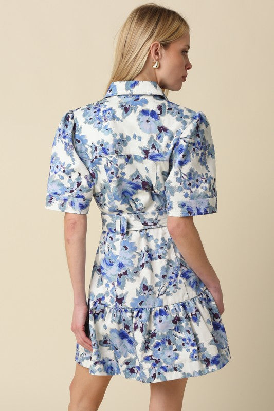 Dylan Floral Belted Denim Dress in Blue